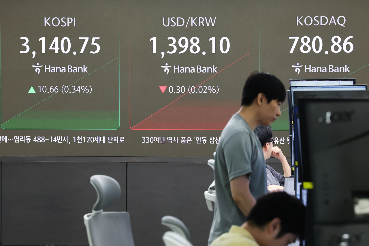 An electronic board showing the Korea Composite Stock Price Index at a dealing room of the Hana Bank headquarters in Seoul on Thursday. (Yonhap)