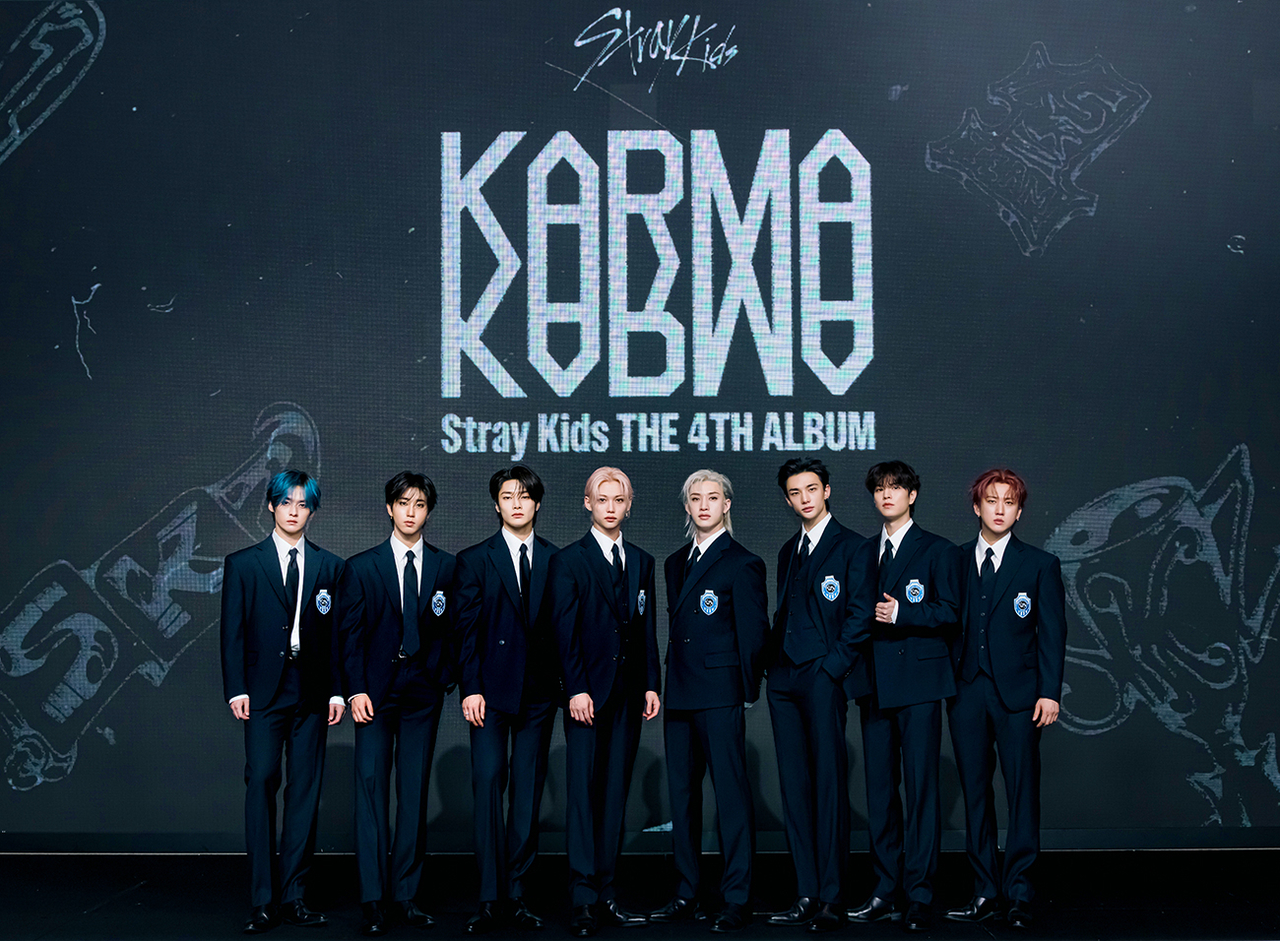 Stray Kids pose during a media showcase for their fourth LP, "Karma," in Seoul on Friday. (JYP Entertainment)