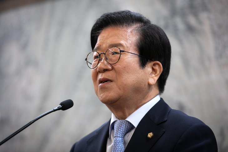 National Assembly Speaker Park Byeong-seug holds a press conference at the National Assembly in Seoul on June 26, 2022, ahead of his retirement . (Lee Sang-seob/The Korea Herald)