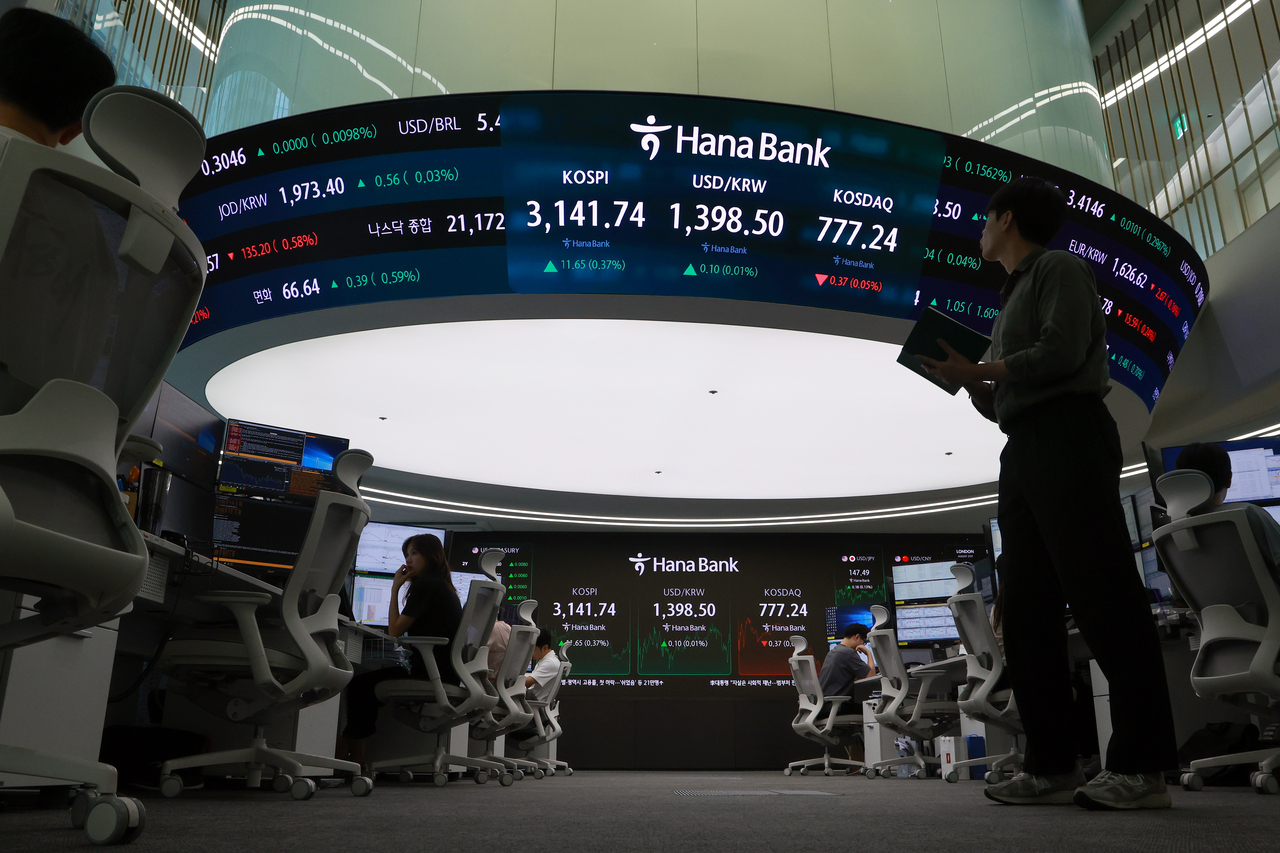 An electronic board showing the Korea Composite Stock Price Index at a dealing room of the Hana Bank headquarters in Seoul on Thursday. (Yonhap)