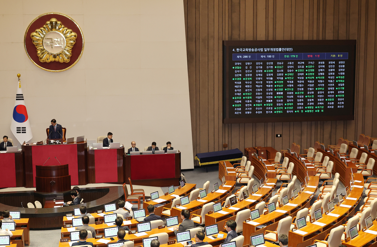 Lawmakers attend a plenary session at the National Assembly in Seoul on Friday to vote on a revision bill to the Korea Educational Broadcasting System Act. (Yonhap)