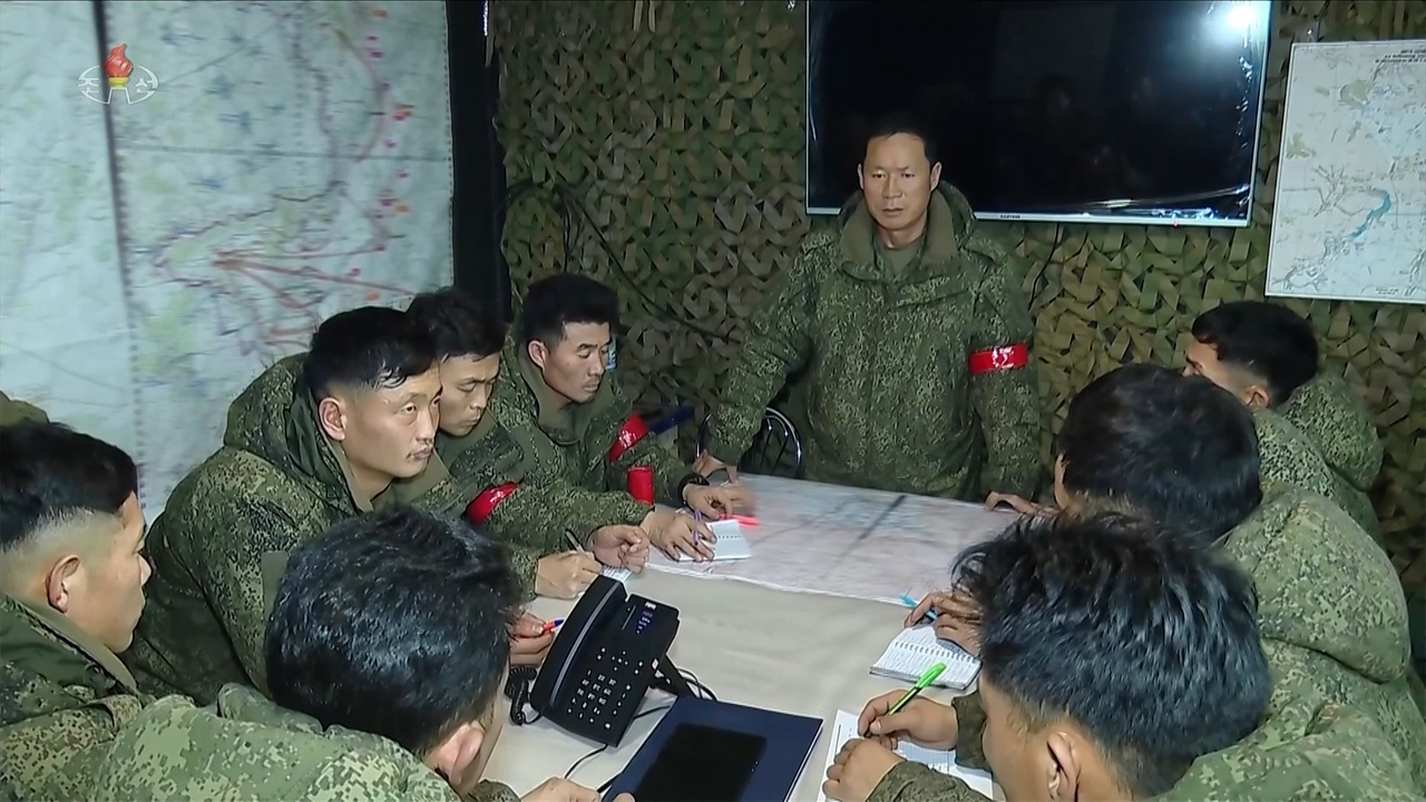 North Korea’s Korean Central TV aired a recorded performance on Friday for Russian unit commanders and soldiers, interspersed with footage of deployed troops, including scenes of soldiers holding an operational meeting. (Yonhap)