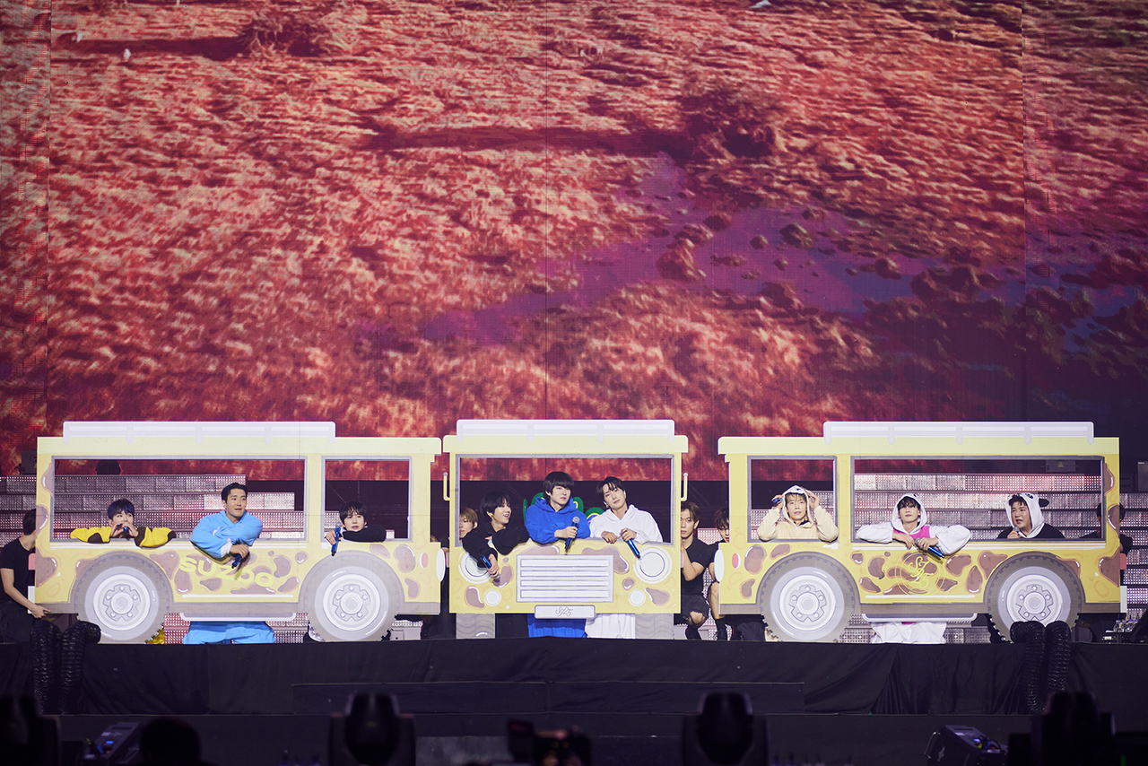 Super Junior performs during "Super Show 10," a concert marking its 20th anniversary, at the KSPO Dome in Songpa-gu, southern Seoul, Sunday. (SM Entertainment)