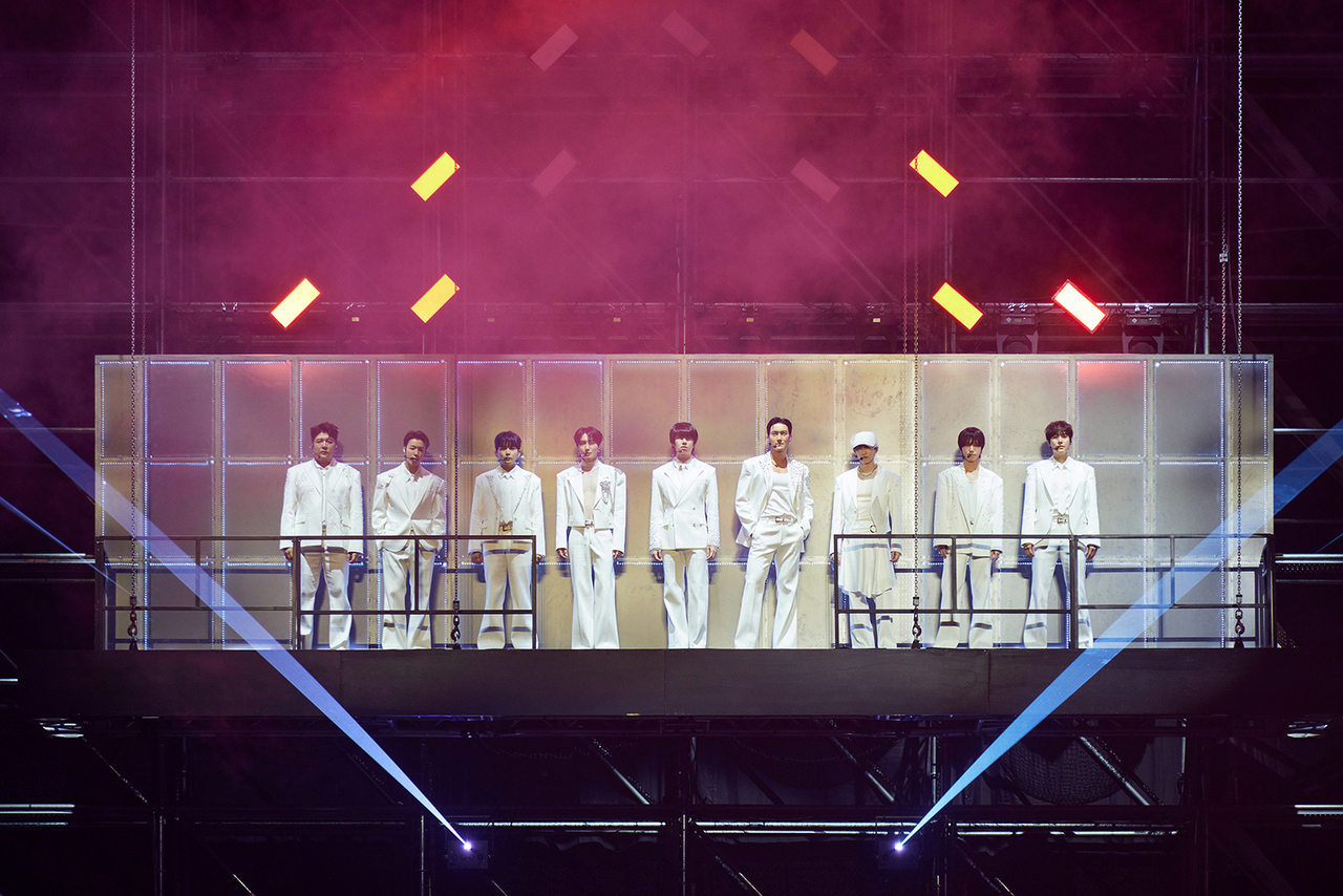 Super Junior performs during "Super Show 10," a concert marking its 20th anniversary, at the KSPO Dome in Songpa-gu, southern Seoul, Sunday. (SM Entertainment)