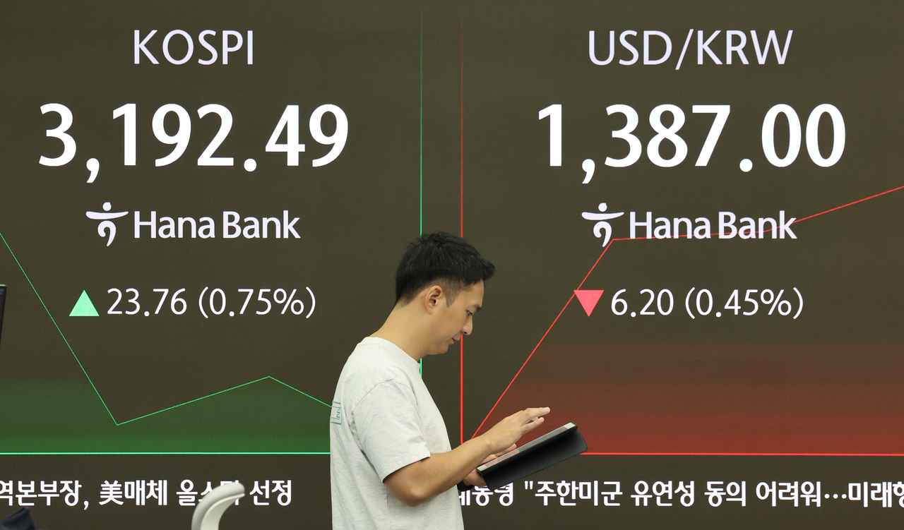 An electronic board showing the Korea Composite Stock Price Index at a dealing room of the Hana Bank headquarters in Seoul on Monday. (Yonhap)