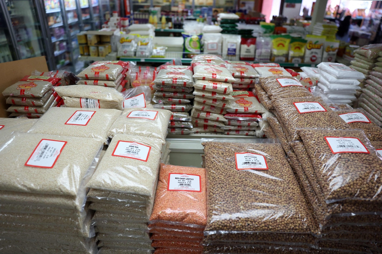 Bags of dal, lentils, chana, and other groceries imported from India are displayed for sale at Farm Fresh grocery in the Little India neighborhood of Artesia, California, Aug. 7.   AFP-Yonhap