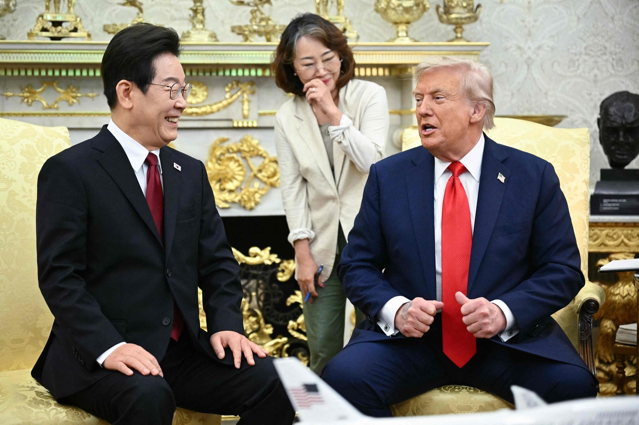 US President Donald Trump speaks during a bilateral meeting with South Korean President Lee Jae Myung in the Oval Office of the White House in Washington, DC, on Monday. (AFP-Yonhap)