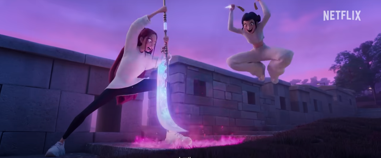 Characters Mira (left) and Zoey fight their enemies at Naksan Park in Jongno-gu, central Seoul, in "KPop Demon Hunters" (Netflix)