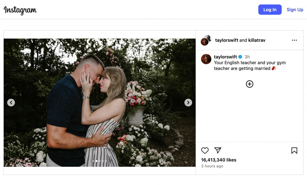 An Instagram post reading "Your English teacher and your gym teacher are getting married," along with a photo showing National Football League player Travis Kelce proposing to singer Taylor Swift, in this screenshot taken from a social media post on Tuesday.   Taylor Swift via Instagram/Reuters-Yonhap