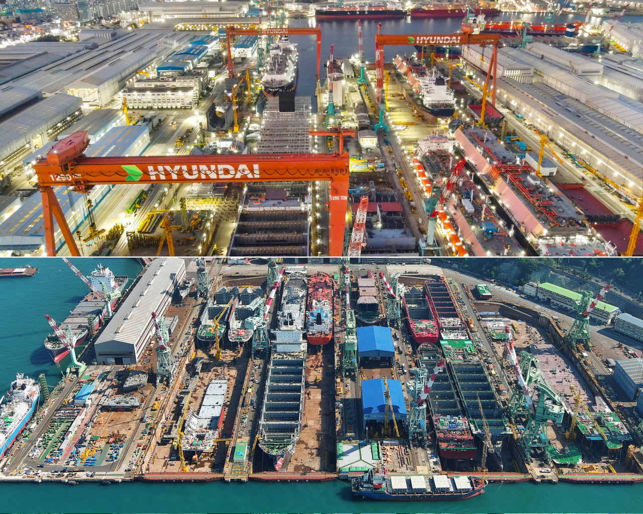 Shipyards of HD Hyundai Heavy Industries (above) and HD Hyundai Mipo (below) (HD Hyundai)