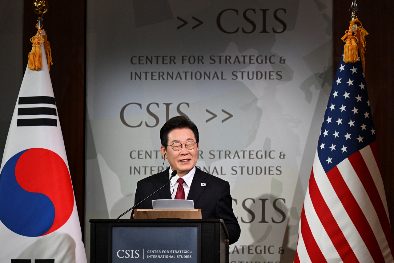 South Korean President Lee Jae Myung delivers remarks at the Center for Strategic and International Studies in Washington, DC, on Monday.  (Reuters)