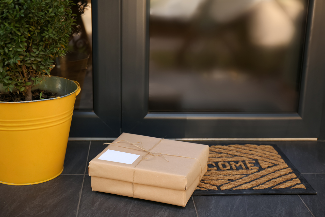 Delivered parcel on door mat near entrance   123rf