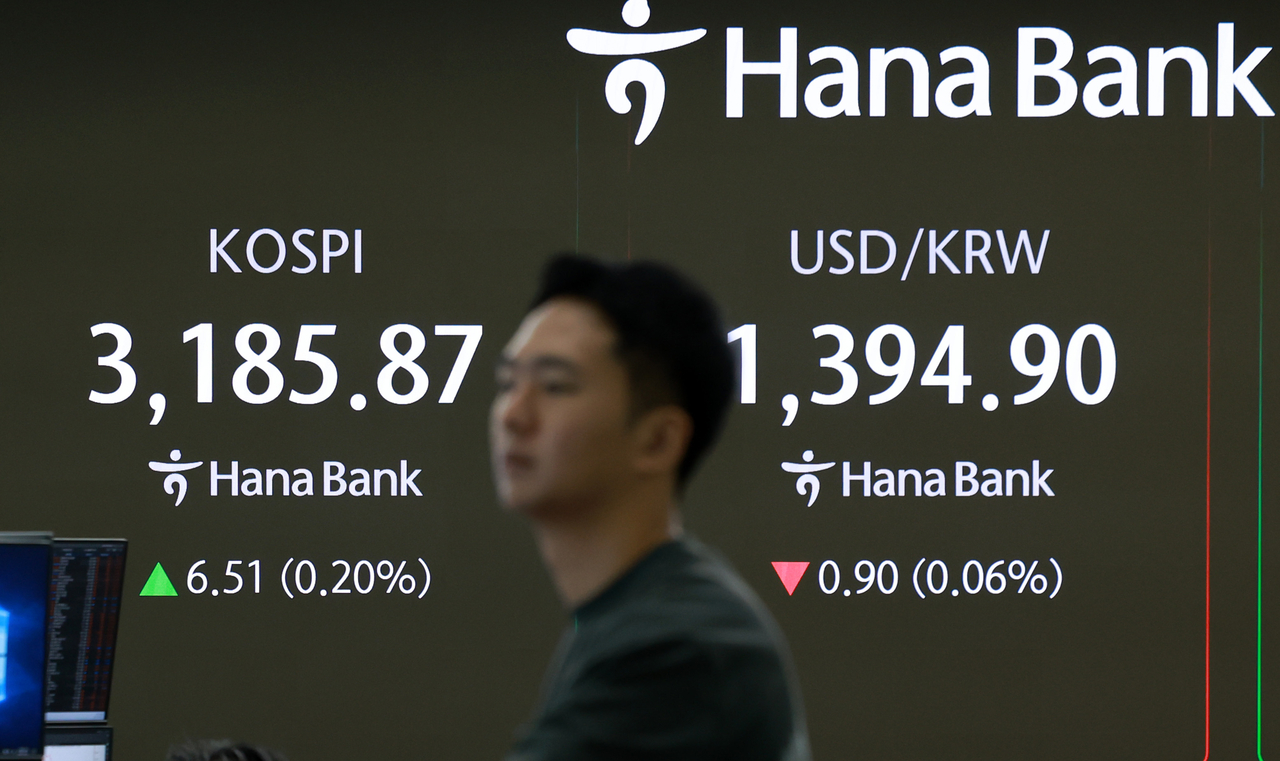 An electronic board showing the Korea Composite Stock Price Index at a dealing room of the Hana Bank headquarters in Seoul on Wednesday. (Yonhap)