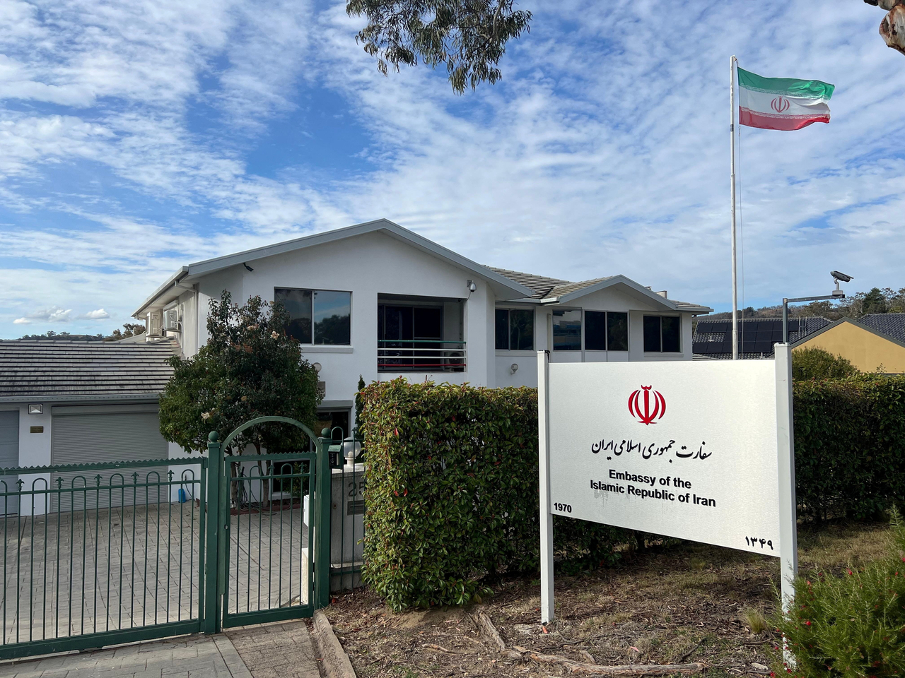 A flag flutters above the Embassy of the Islamic Republic of Iran in Canberra, Australia, Tuesday. (Reuters-Yonhap)