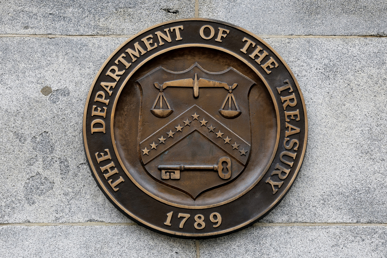 A seal on the exterior of the US Department of Treasury building is seen as they joined other government financial institutions to bail out Silicon Valley Bank's account holders after it collapsed on March 13, 2023 in Washington, DC. (Getty Images)
