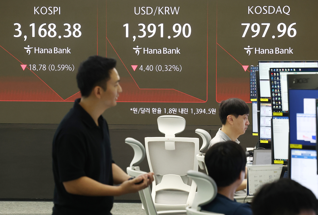 An electronic board showing the Korea Composite Stock Price Index at a dealing room of the Hana Bank headquarters in Seoul on Thursday. (Yonhap)
