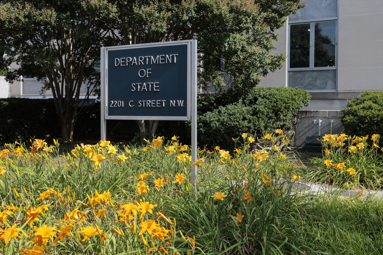 A sign for the US Department of State is seen on the outside of the Harry S. Truman Federal Building on on July 11, 2025 in Washington, DC. (Getty Images)