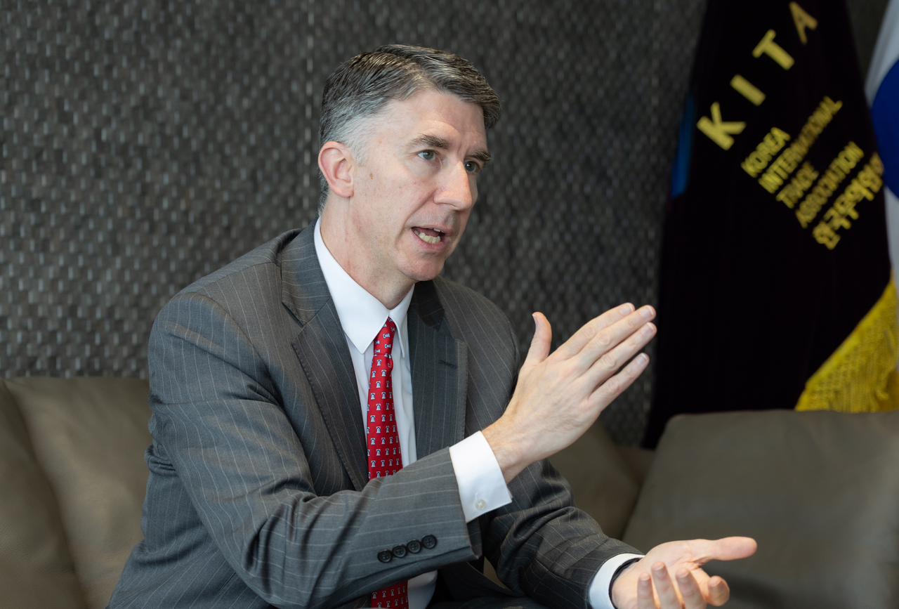 Derrick Morgan, executive vice president of The Heritage Foundation, speaks during an interview held at the headquarters of Korea International Trade Association in southern Seoul on Thursday. (KITA)