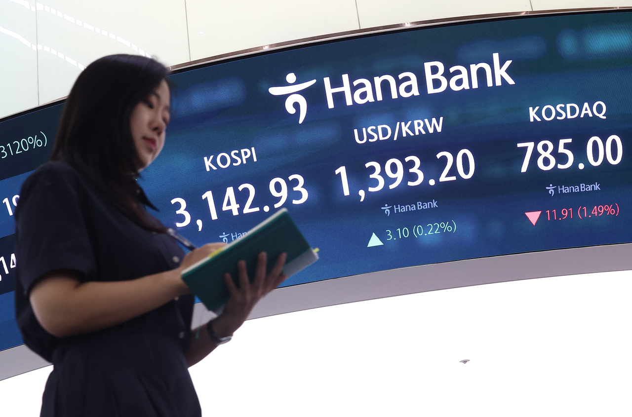 An electronic board showing the Korea Composite Stock Price Index at a dealing room of the Hana Bank headquarters in Seoul on Monday. (Yonhap)