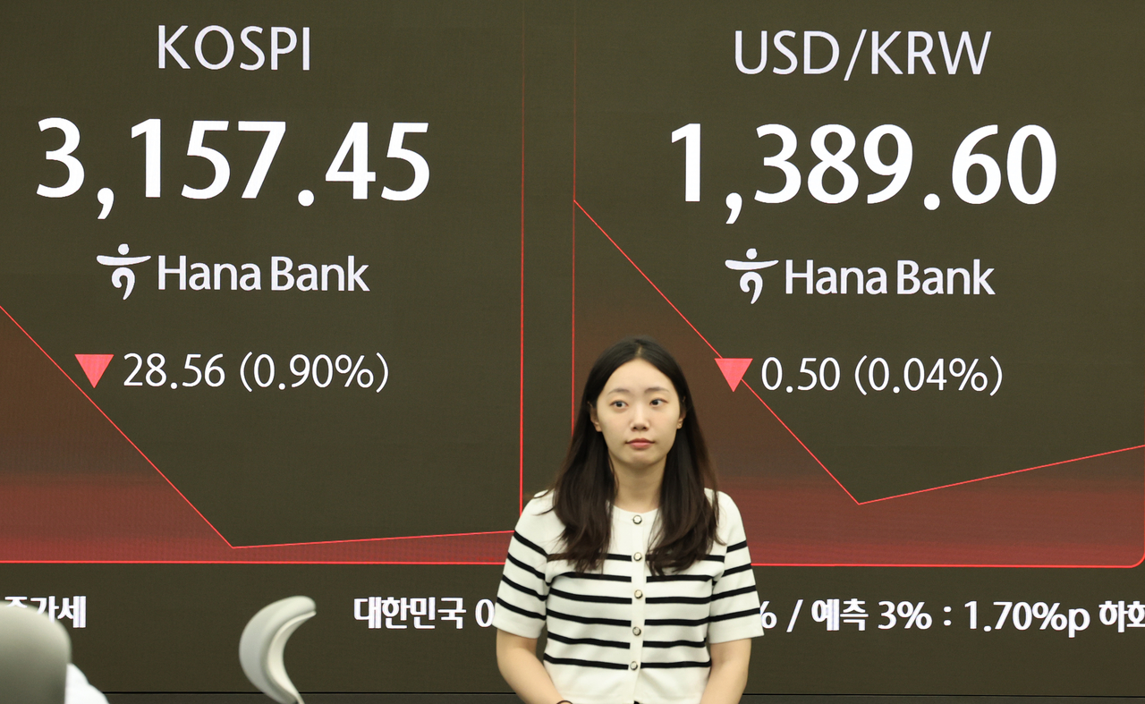 An electronic board showing the Korea Composite Stock Price Index at a dealing room of the Hana Bank headquarters in Seoul on Monday. (Yonhap)