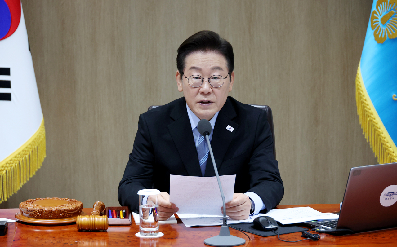 President Lee Jae Myung presides over a Cabinet meeting at the presidential office in Seoul on Tuesday. (Yonhap)