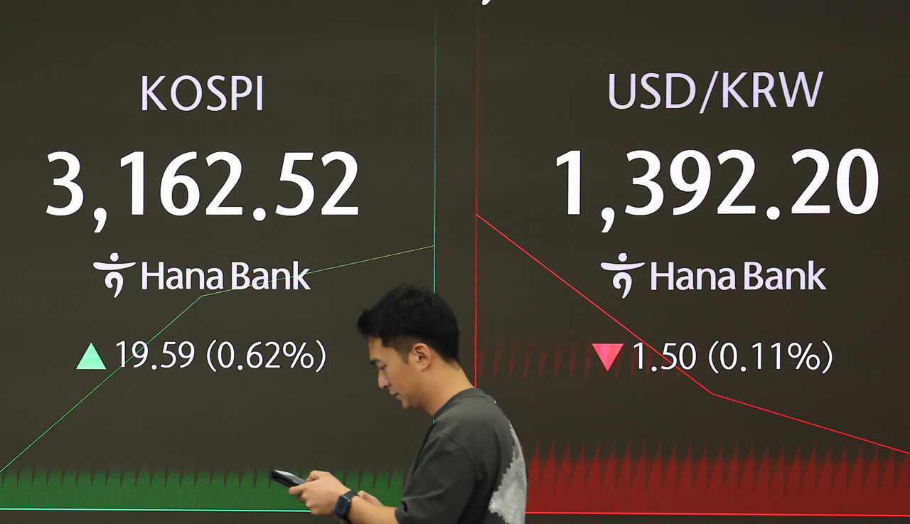 An electronic board showing the Korea Composite Stock Price Index at a dealing room of the Hana Bank headquarters in Seoul on Tuesday. (Yonhap)