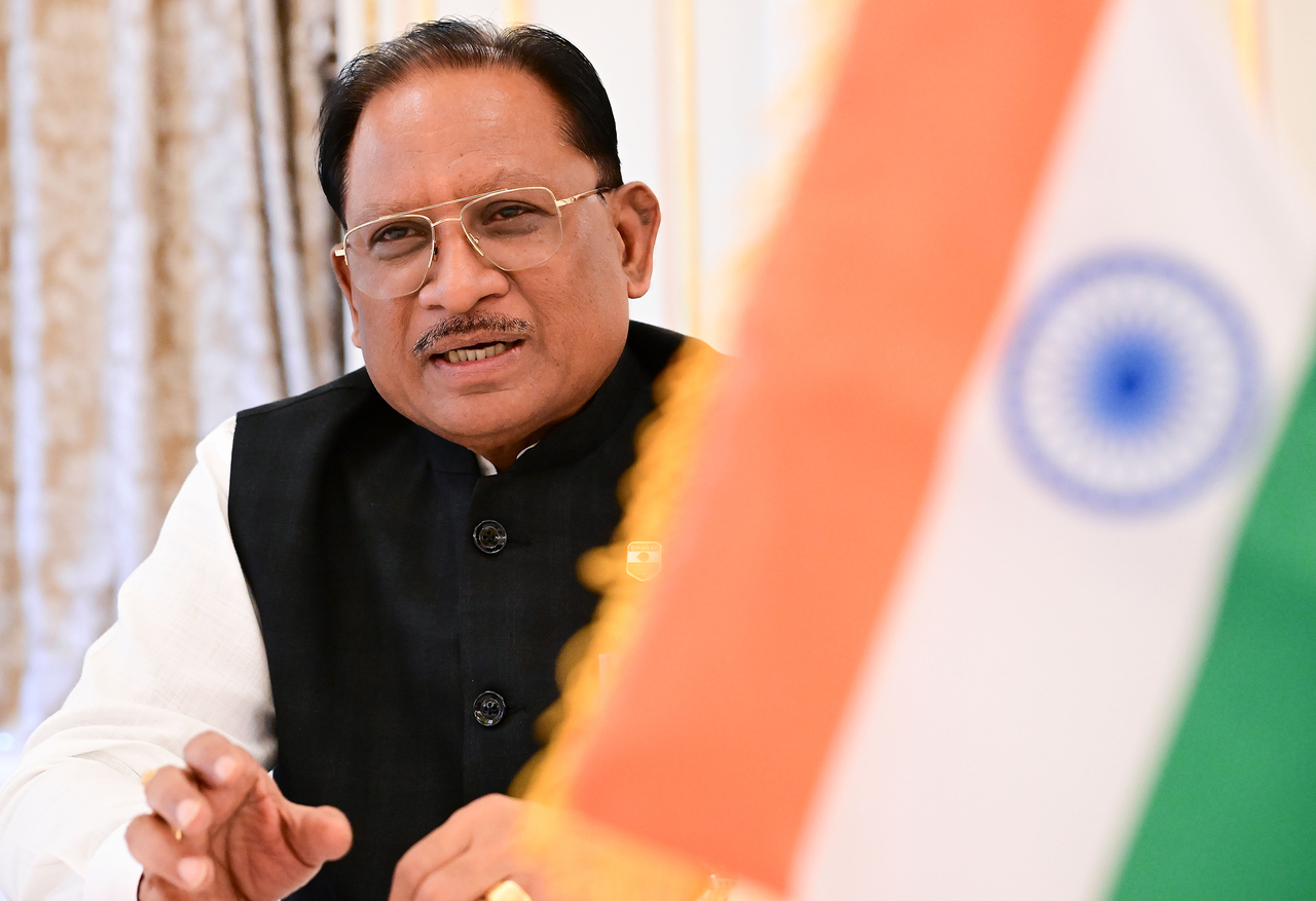 Vishnu Deo Sai, chief minister of the Indian state Chhattisgarh speaks in an interview with The Korea Herald at Lotte Hotel in Seoul on August 27. (Lee Sang-sub/ The Korea Herald)