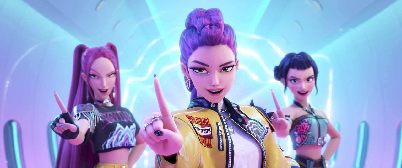 This image released by Netflix shows characters, from left, Mira, Rumi, Zoey in a scene from "KPop Demon Hunters." (Netflix)
