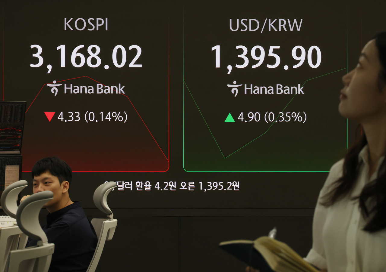 Le comité électronique présente l'indice boursier combiné coréen dans la salle de manutention du siège de Hana Bank à Séoul mercredi. (Yonhap)