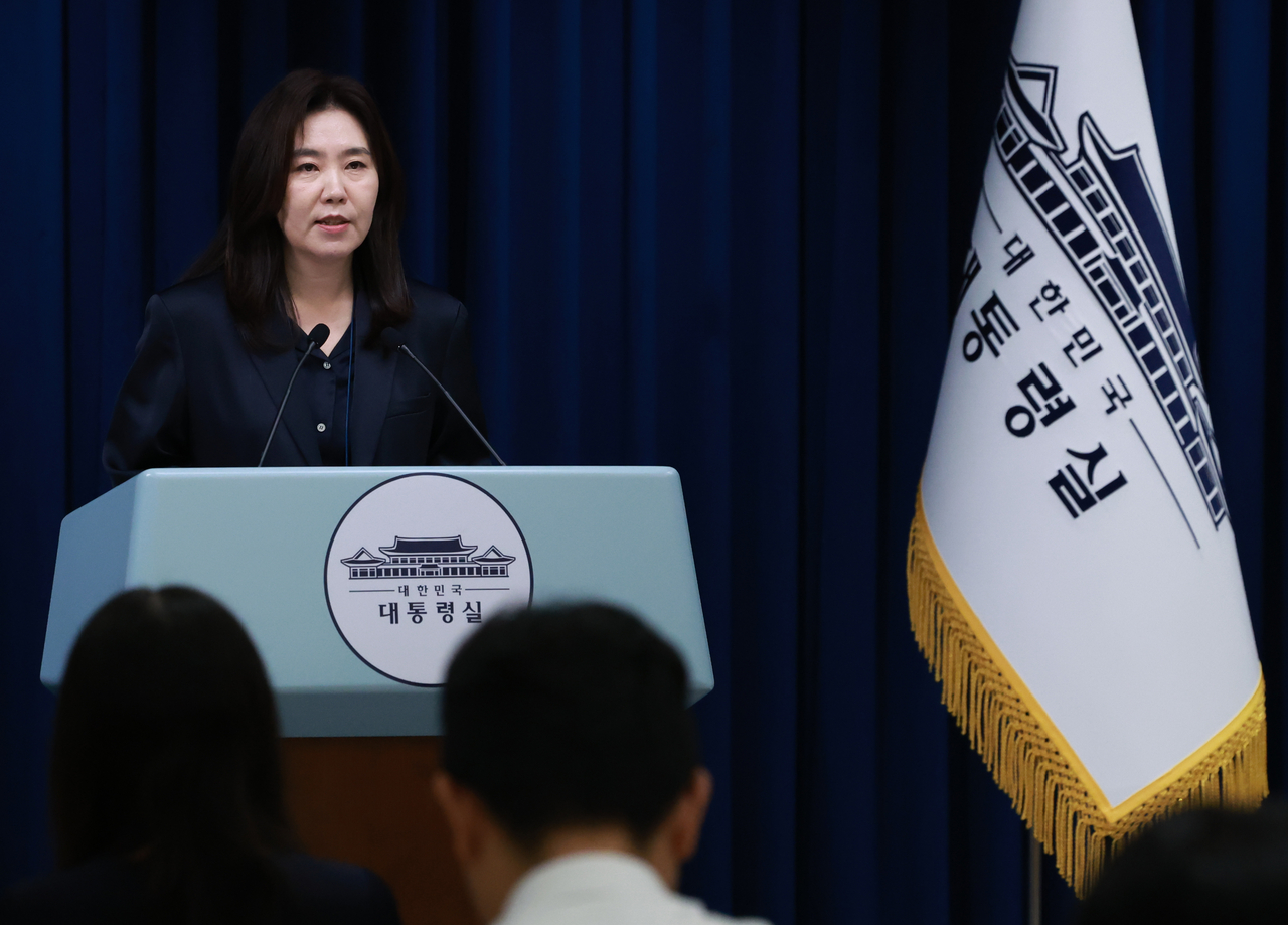 Presidential spokesperson Kang Yu-jung speaks during a press briefing at the presidential office in Seoul on Tuesday. (Yonhap)