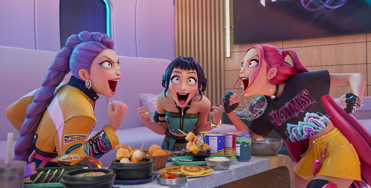 This image released by Netflix shows characters, from left, Rumi, Zoey, and Mira in a scene from "KPop Demon Hunters." (AP-Yonhap)
