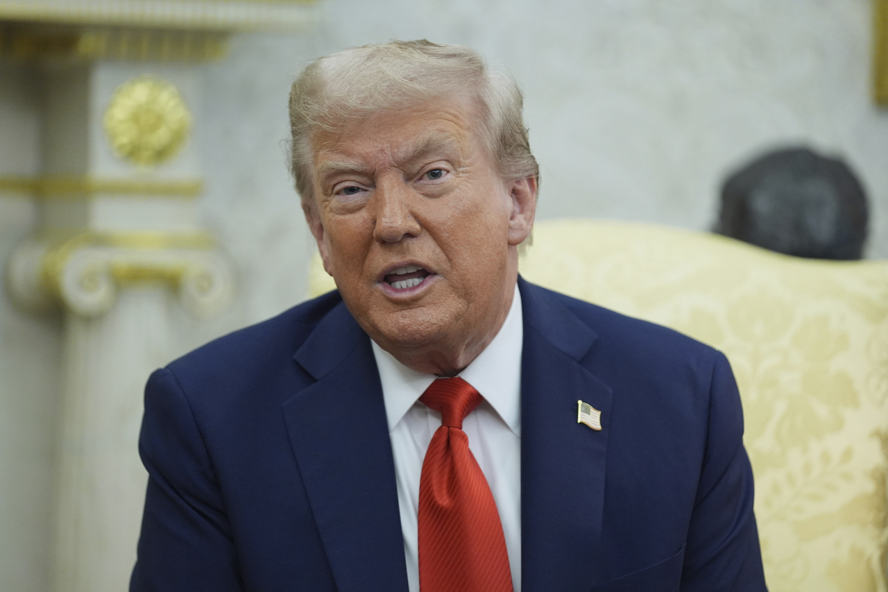 President Donald Trump speaks during a meeting with Polish President Karol Nawrocki in the Oval Office of the White House, Wednesday in Washington. (AP-Yonhap)