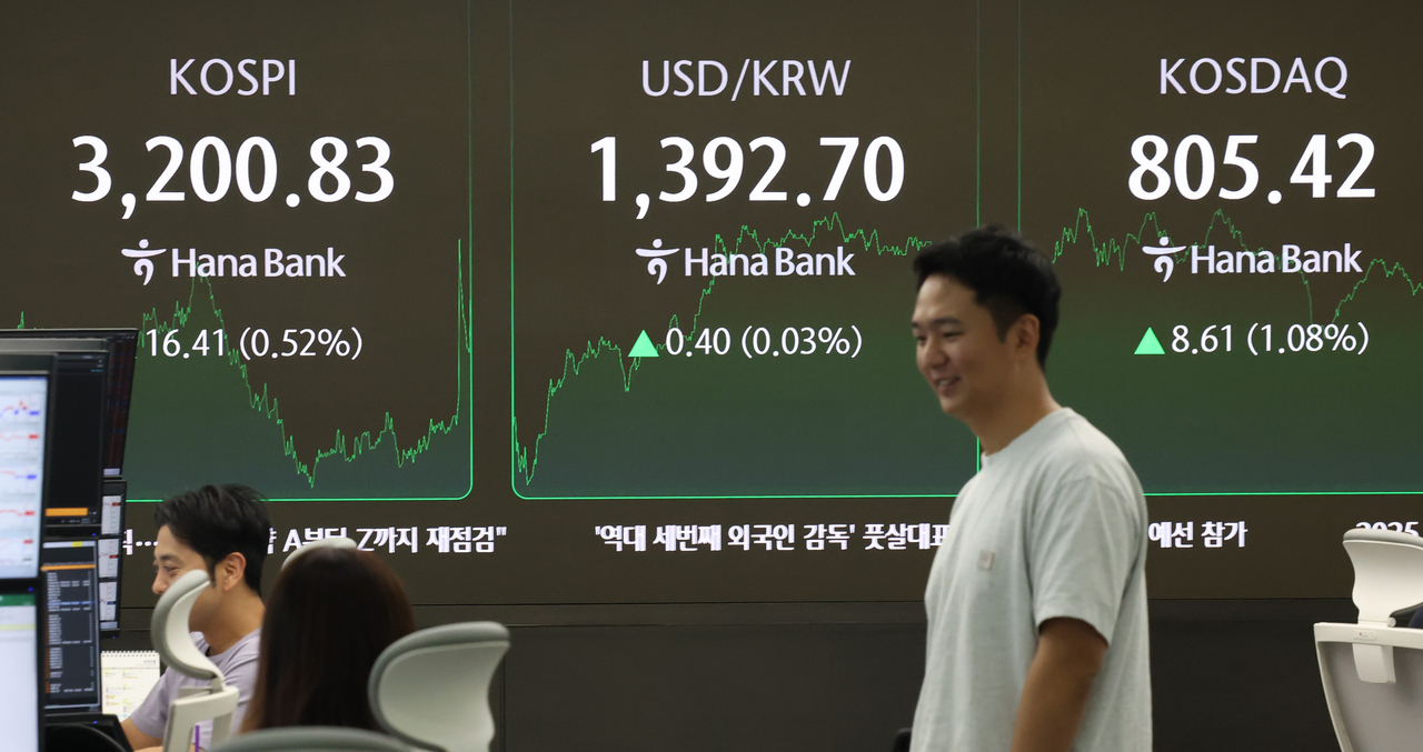 An electronic board showing the Korea Composite Stock Price Index at a dealing room of the Hana Bank headquarters in Seoul on Thursday. (Yonhap)