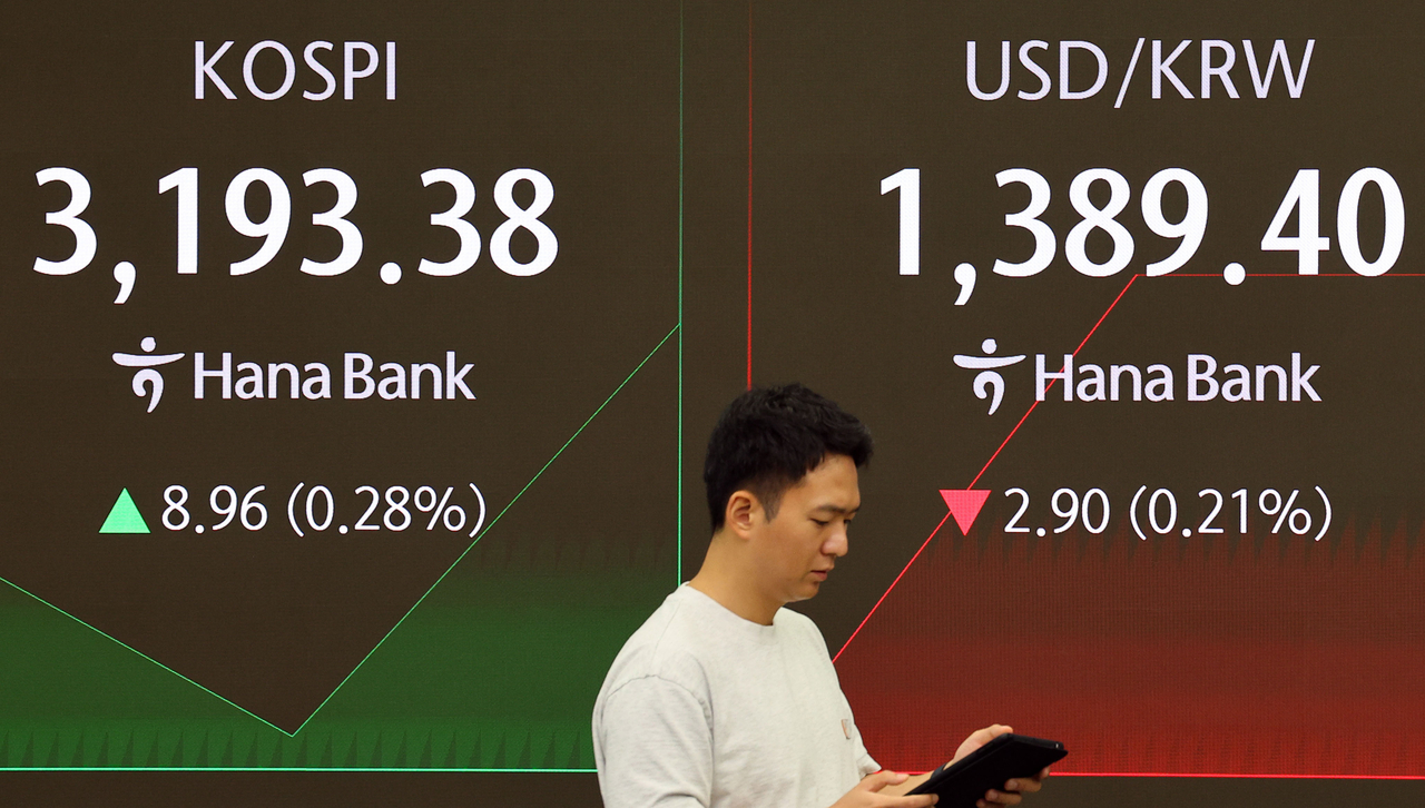 An electronic board showing the Korea Composite Stock Price Index at a dealing room of the Hana Bank headquarters in Seoul on Thursday. (Yonhap)