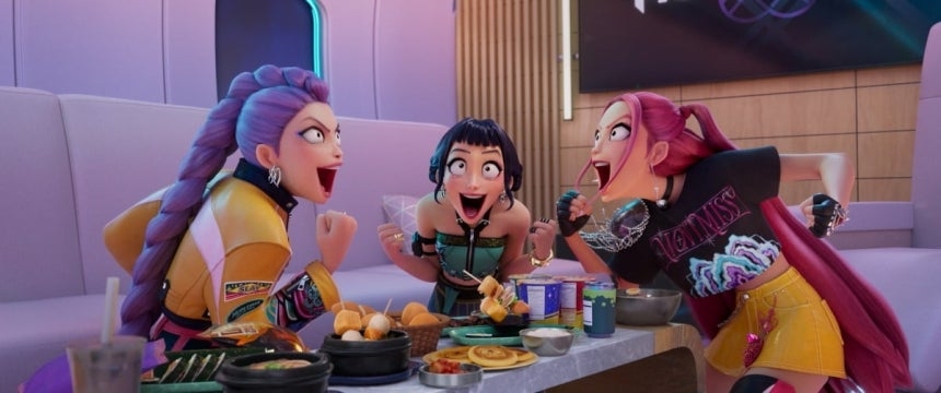 In "KPop Demon Hunters," popular girl band Huntrix is seen eating cup noodles similar to Nongshim’s iconic Shin Ramyun cup noodles. (Netflix)