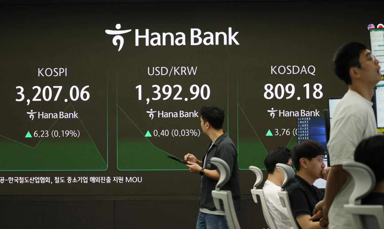 Real-time figures of the Kospi, Kosdaq and the won-dollar exchange rate is displayed on a screen inside the dealing room in Hana Bank, central Seoul, on Friday. (Yonhap)