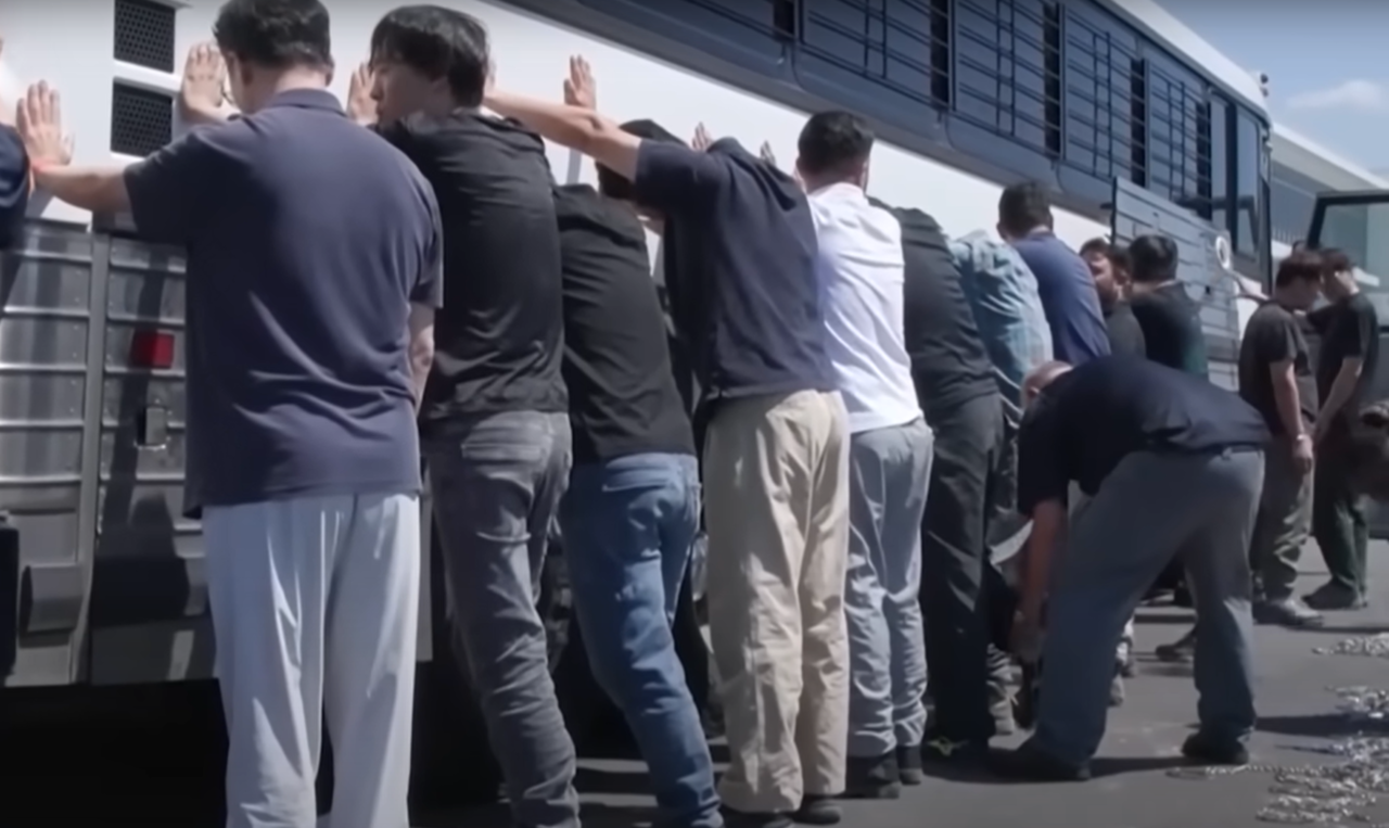 Videos released by US Immigration and Customs Enforcement shows workers at a Hyundai Motor Group–LG Energy Solution joint-venture battery plant in Bryan County, Georgia, being detained by US immigration authorities on Thursday. (ICE website)