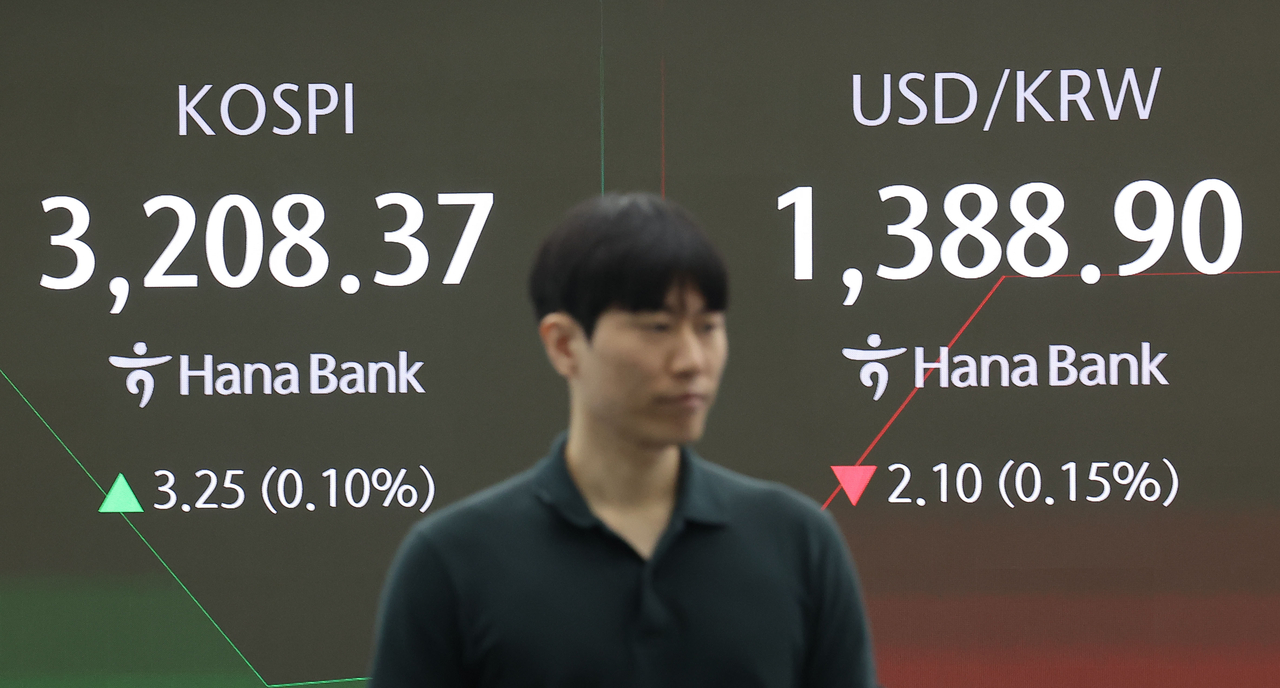 An electronic board showing the Korea Composite Stock Price Index at a dealing room of the Hana Bank headquarters in Seoul on Monday. (Yonhap)