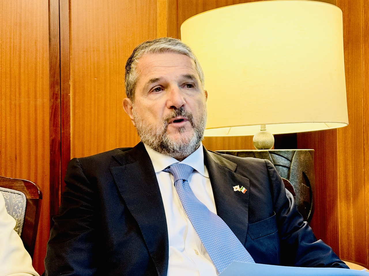 Valentino Valentini, Italian vice minister of enterprises and Made in Italy, speaks in an interview with The Korea Herald at Lotte Hotel in Jung-gu, Seoul, Friday. (Sanjay Kumar/The Korea Herald)