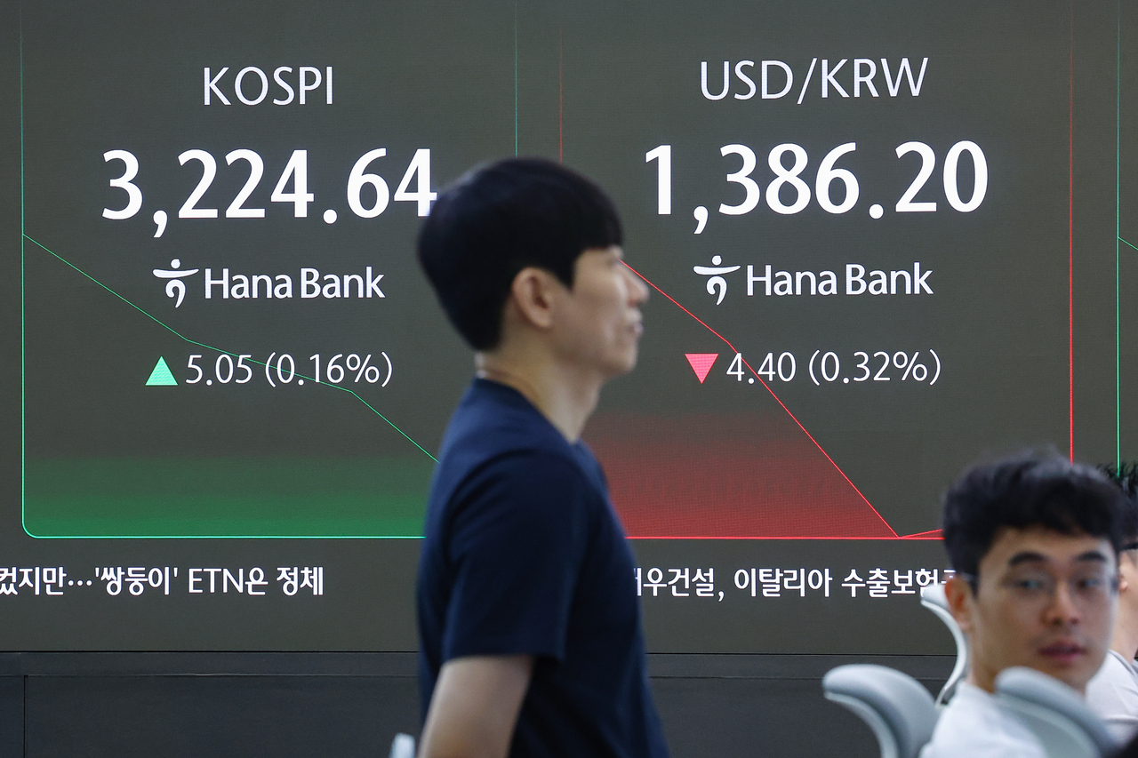 An electronic board showing the Korea Composite Stock Price Index at a dealing room of the Hana Bank headquarters in Seoul on Tuesday. (Yonhap)