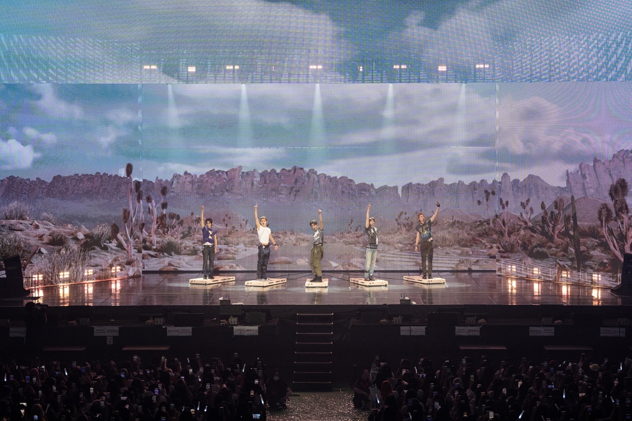 Cortis poses during a party marking the release of its debut EP at the Korea University Hwa-jeong Gymnasium in Seoul on Monday. (Big Hit Music)Monday. (Big Hit Music)