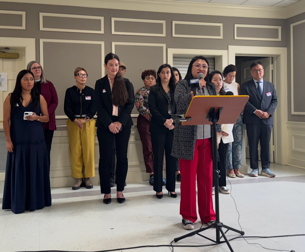 Community leaders speak at a press conference in Savannah, Georgia, denouncing Thursday's immigration raid that detained 475 workers at a nearby plant operated jointly by Hyundai Motor Group and LG Energy Solution. (Migrant Equity Southeast)