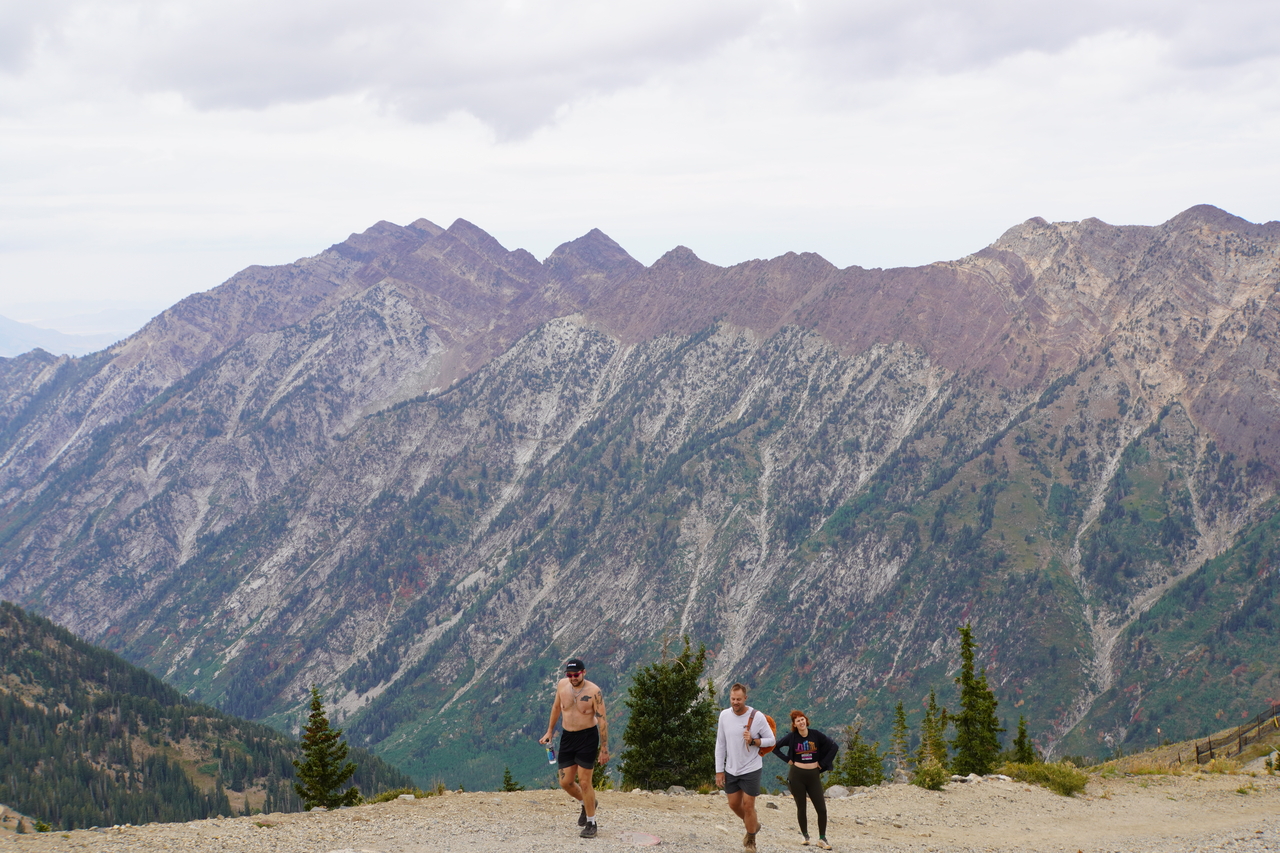 Hikers climbing to the Snowbird Lookout at Hidden Peak, 3,352 meters above sea level.