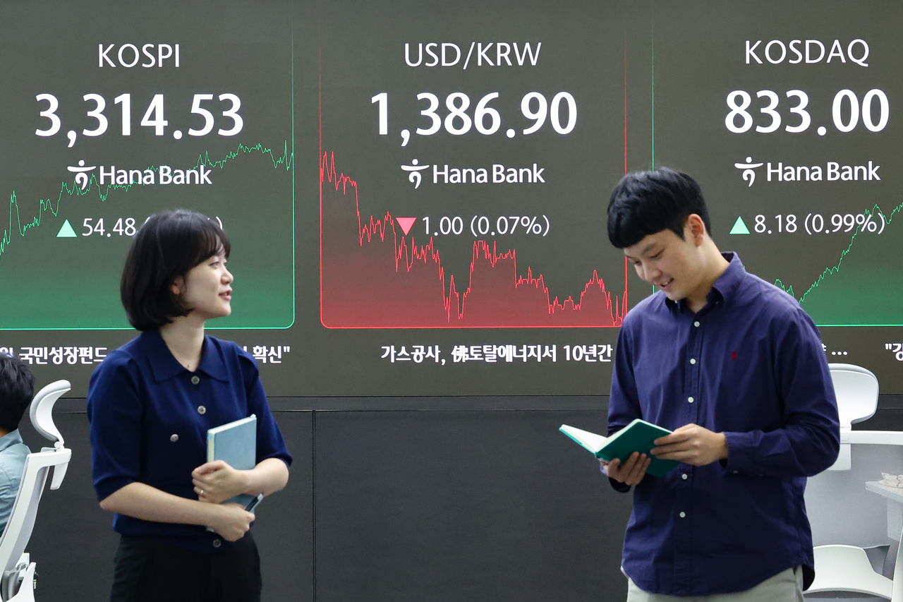 An electronic board showing the Korea Composite Stock Price Index at a dealing room of the Hana Bank headquarters in Seoul on Wednesday. (Yonhap)