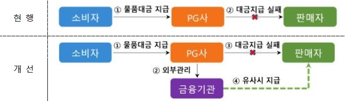 전자지급결제대행업자(PG사) 정산자금 외부관리 가이드라인 도입 전후 자금흐름도. [금융감독원 제공]