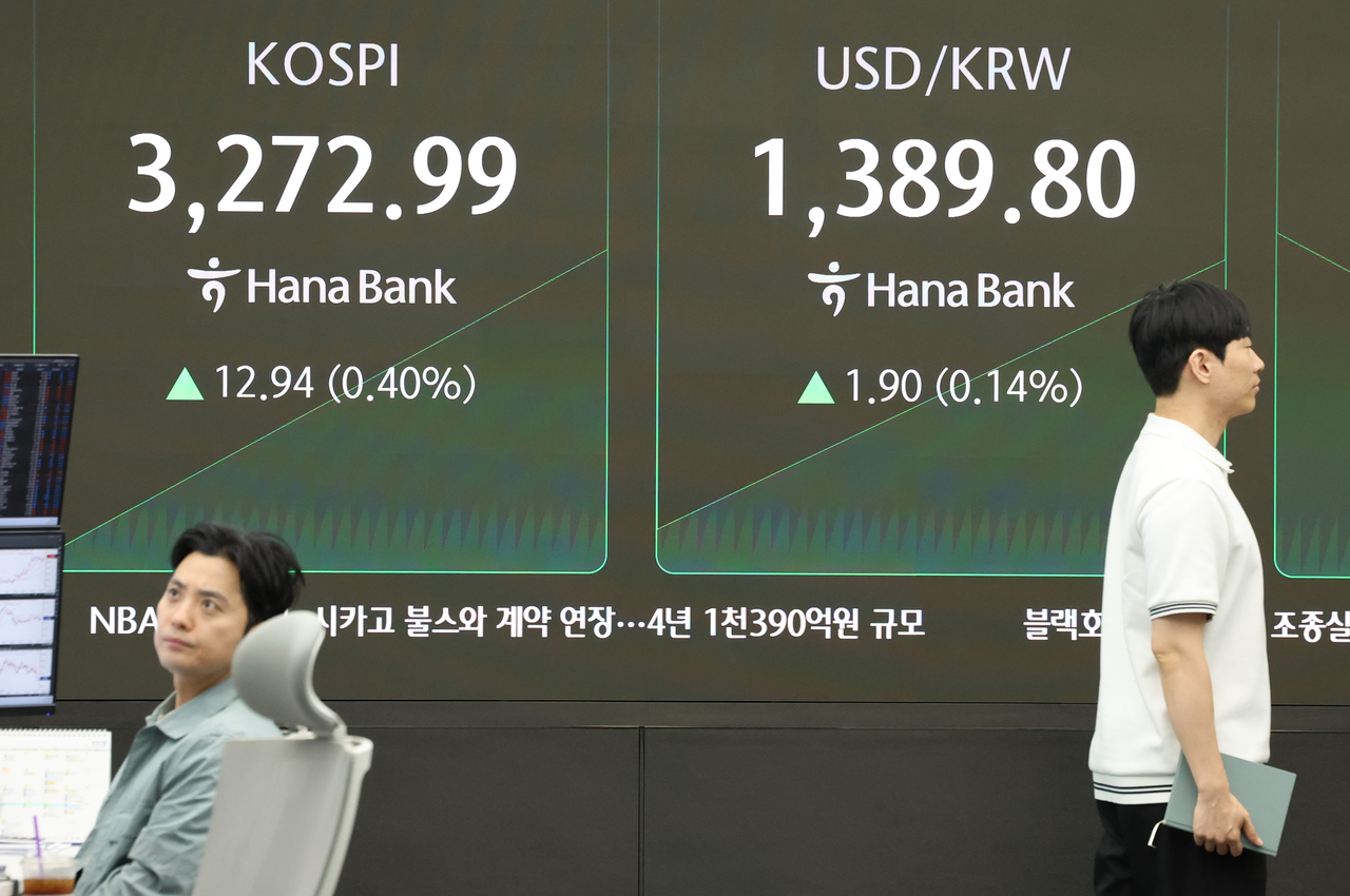 An electronic board showing the Korea Composite Stock Price Index at a dealing room of the Hana Bank headquarters in Seoul on Wednesday. (Yonhap)