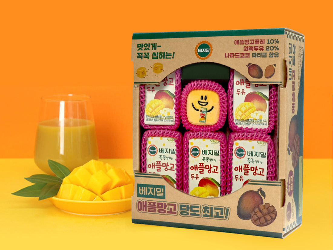 정식품, ‘베지밀 꼭꼭 씹히는 애플망고두유’ 과일박스 키트 [정식품 제공]