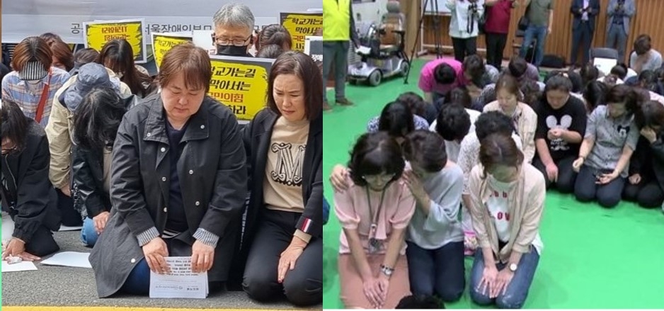 Right: Parents of students with disabilities kneel during a 2017 public hearing in Gangseo-gu, Seoul, appealing for the establishment of a special school.
Left: A similar scene unfolds on Sept. 4, 2024, in front of the People Power Party headquarters in Yeouido, Seoul, as parents urge the withdrawal of a PPP candidate’s pledge to build an elite high school on a site already designated for a special school. (Yonhap News TV capture and Korean Parents’ Network for People with Disabilities)