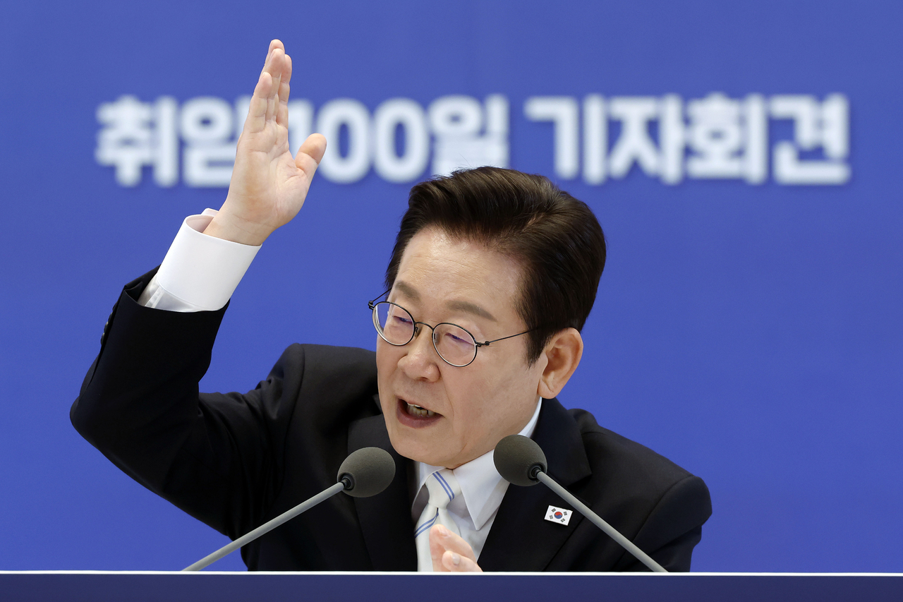 President Lee Jae Myung speaks during a press conference marking his 100th day in office held at the former presidential compound of Cheong Wa Dae on Thursday. (Yonhap)
