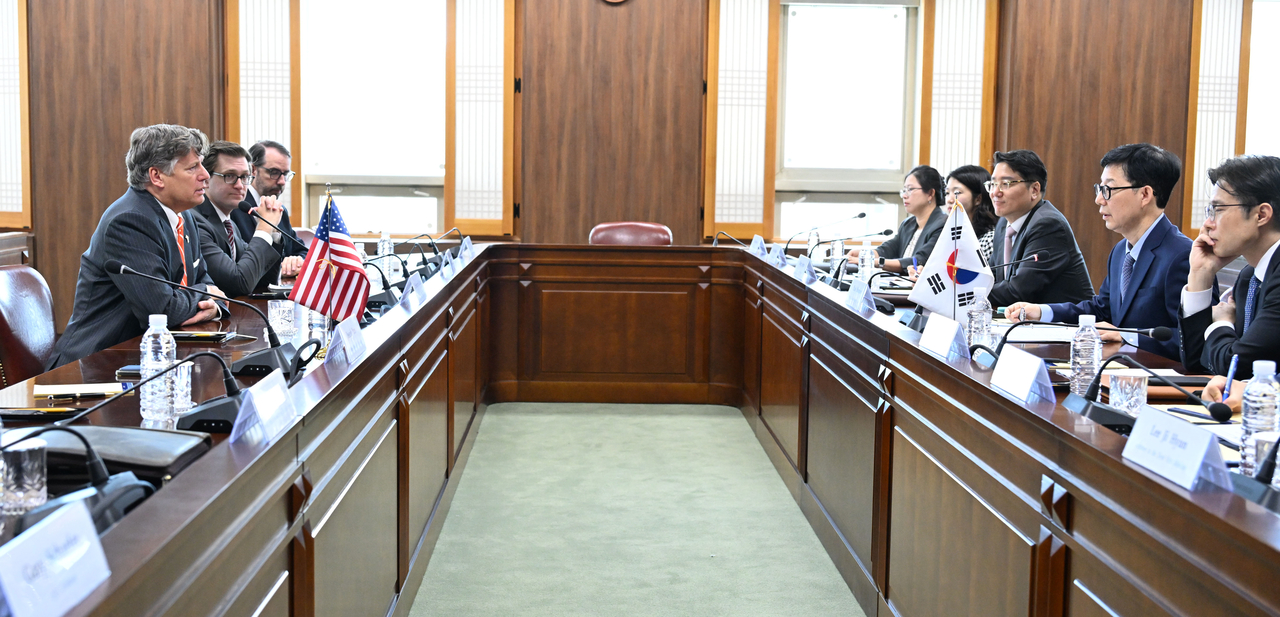 US Deputy Secretary of State Christopher Landau speaks during a vice foreign ministerial-level meeting at the Foreign Ministry headquarters in Seoul on Sunday. (South Korea’s Foreign Ministry)